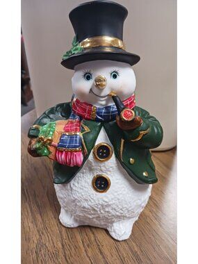 Ceramic Snowman Green Jacket Plaid Scarf
